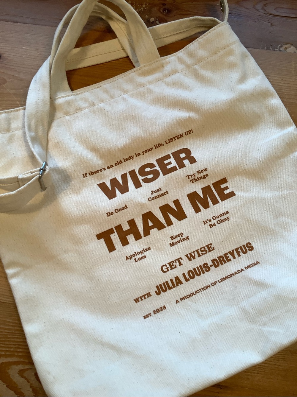 BAGGU Duck "Wiser Than Me" Julia Louis-Dreyfus Cream Canvas Crossbody Tote Bag